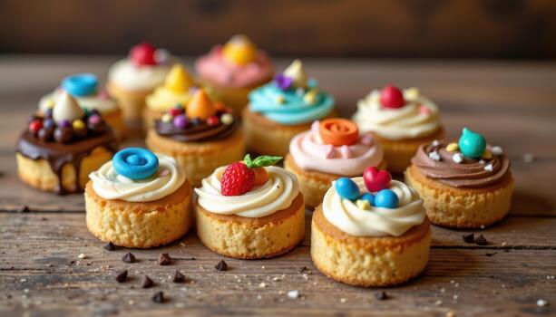 Multiple petite cakes, each featuring creative frosting patterns and colorful toppings, rest on a rustic wooden table for display. photo