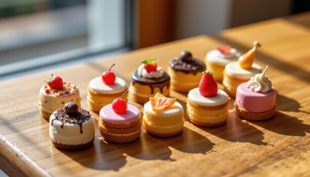 Tiny cakes, each with unique flavors and artistic icing designs, are positioned carefully on a polished wooden table under sunlight. photo