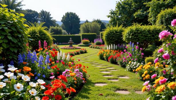 A winding garden path through a lush garden filled with multicolored flowers, fully calm and empty photo