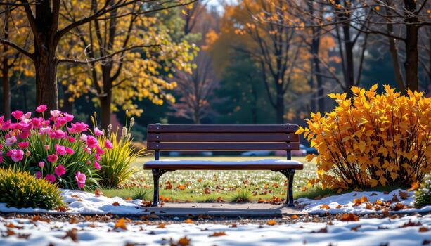 A single bench in a park is framed by bright flowers, crisp fall leaves, and a sparkling layer of snow. photo