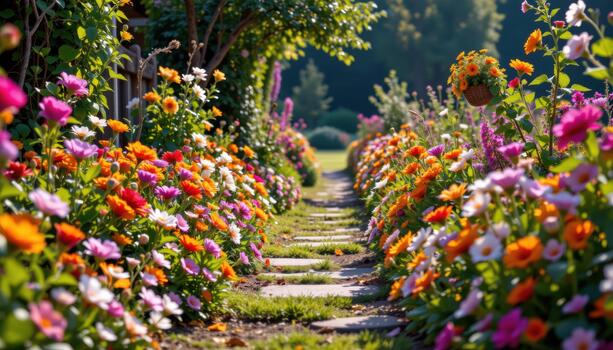 A colorful garden trail lined with flowers of every shade, soft morning light illuminating the path, no life photo
