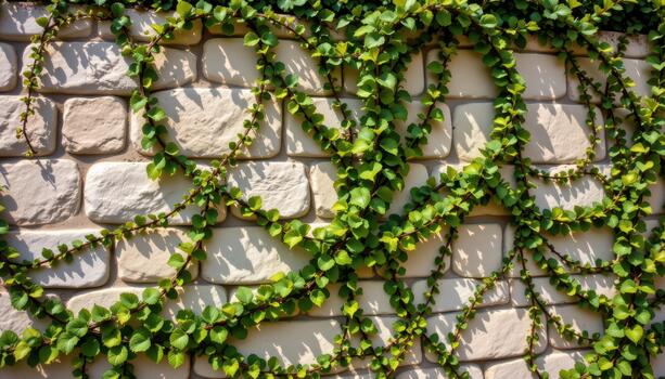 Sunlit stone wall decorated with lush green vines and tiny blossoms in an ornamental pattern. photo