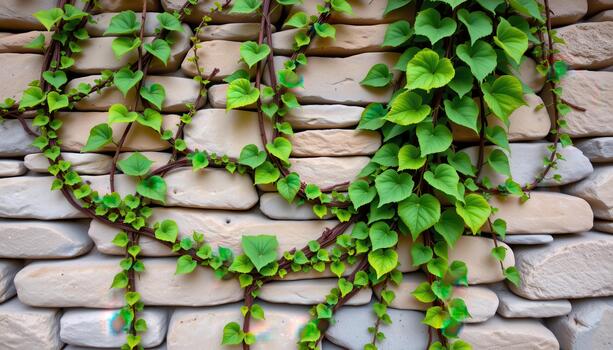 Rustic stone wall adorned with trailing green vines and vibrant leaves, forming a natural floral pattern. photo