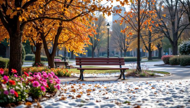 A lone bench stands in a park framed by bright flowers, crisp autumn leaves, and a thin layer of freshly fallen snow. photo