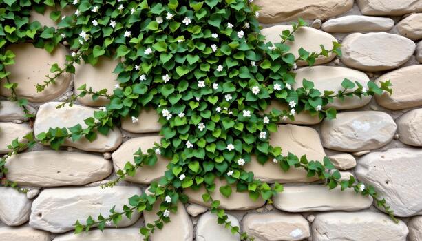 Textured stone wall decorated with dense green ivy and delicate small flowers forming a natural ornamental pattern. photo