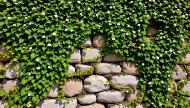 Sunlit rustic stone wall wrapped in thick green ivy and tiny scattered white flowers forming a natural pattern. photo