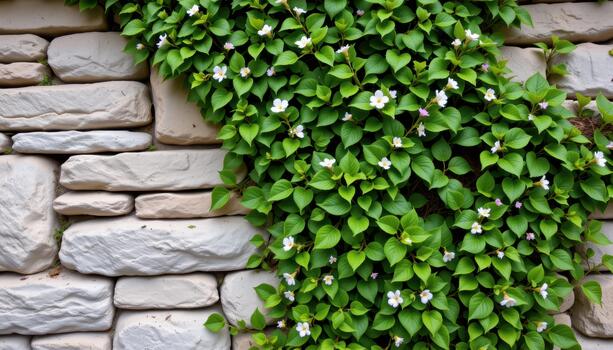 Textured stone wall fully wrapped in lush green leaves and tiny flowers creating a natural ornamental pattern. photo