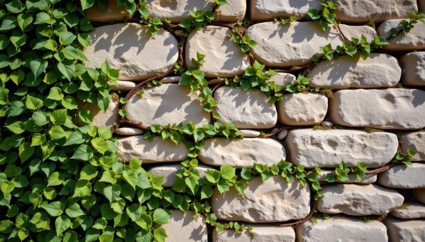 Rustic stone wall decorated with thick green ivy and tiny flowers emerging between cracks in soft sunlight. photo