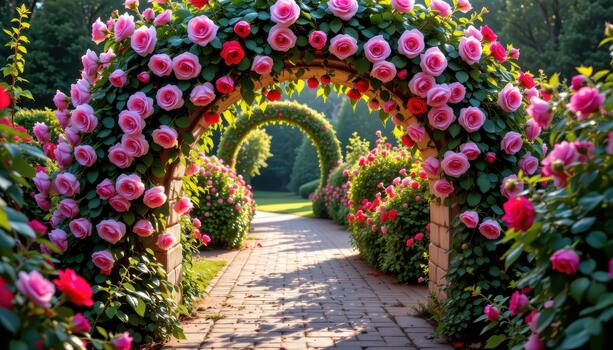 A romantic rose garden with a flower archway, cascading pink and red roses, early sunlight casting soft patterns on the cobblestone path. photo