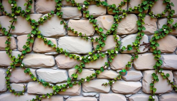 Textured stone wall covered with climbing green vines and tiny flowers forming a natural ornamental pattern. photo