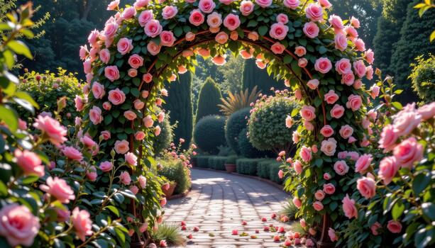 A hidden rose garden with an ornate flower archway, morning dew on petals, sunlight casting soft patterns on the cobblestone path. photo