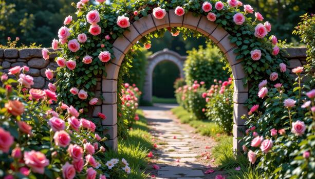A quiet rose garden with a stone flower archway, roses climbing its frame, morning light casting gentle shadows across the path. photo