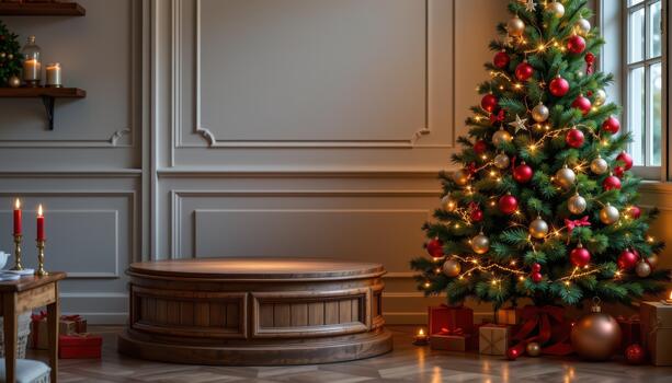 Wooden round podium with a Christmas tree nearby, sparkling lights, red and gold ornaments, cozy festive interior. photo