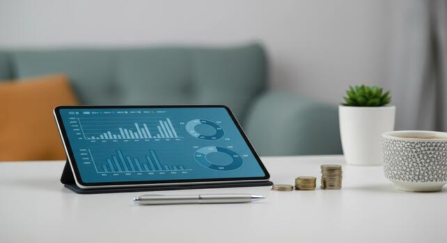Digital tablet displaying analytics and charts with pen coins on table photo