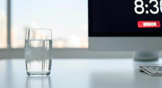 Glass of water on white desk near computer screen displaying error message photo
