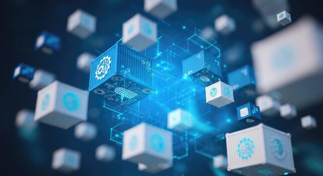 Digital representation of interconnected boxes signifying data flow and technology infrastructure photo