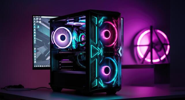 RGB-lit gaming PC with transparent case and intricate cooling system photo