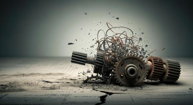 Gears and wires exploding on blueprints, symbolizing mechanical failure photo
