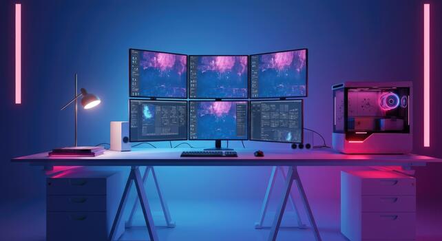 Multi-monitor setup on desk with ambient lighting and computer tower photo