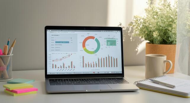 Open laptop displaying financial charts, graphs, and data analysis on desk with coffee notepad photo