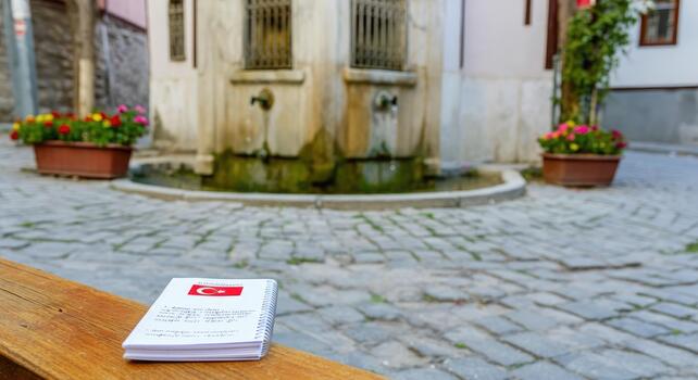 Notebook with flag print on open page bench near water fountain in cobblestone courtyard photo