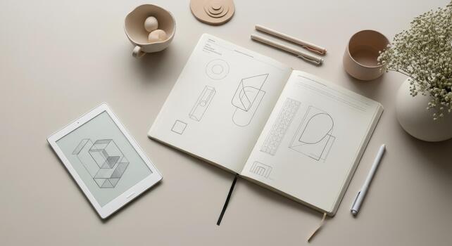 Minimalistic workspace with tablet, open notebook, and geometric sketches, surrounded by neutral-toned stationery decor photo