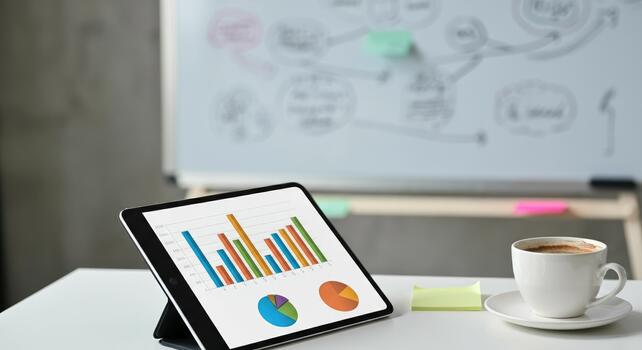 Tablet displaying graphs with coffee cup, whiteboard, and sticky notes in background photo