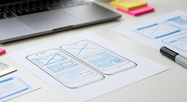 Sketched mobile app interface layout on paper, desk setup photo
