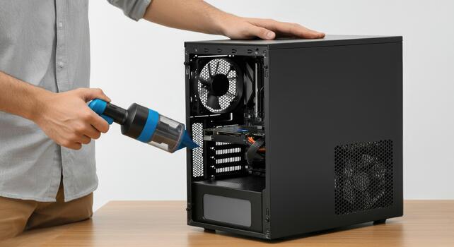 Man using vacuum cleaner to clean computer case on desk photo