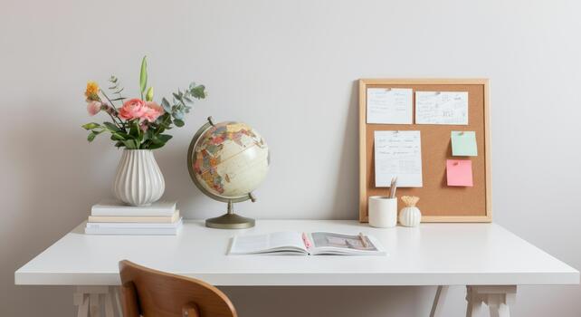White desk with globe, vase flowers, stack of books, and corkboard displaying notes, creating tidy workspace photo