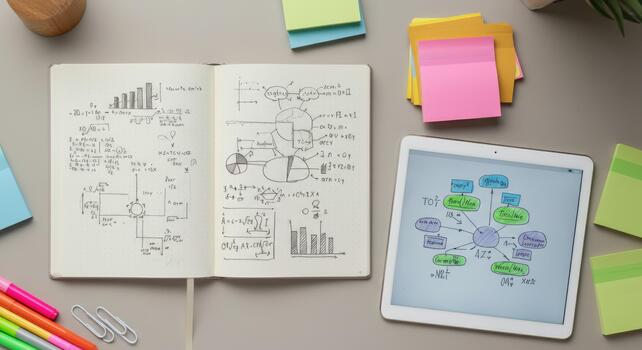 Open notebook with sketches, tablet displaying mind map, and colored sticky notes on desk photo