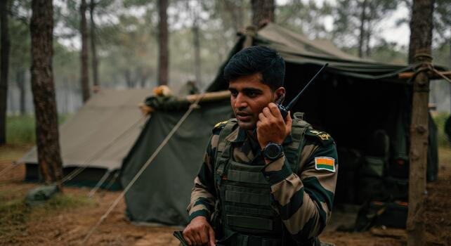 South Asian male soldier in woodland gear using radio forest camp photo
