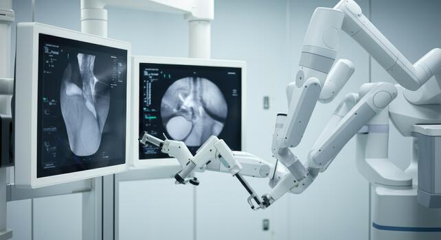 Robotic surgical system with monitors displaying medical imaging in sterile operating room setting photo