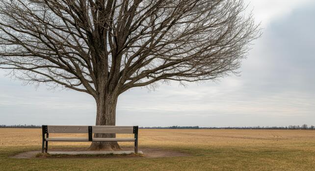 Empty bench under leafless tree in open field during overcast weather photo