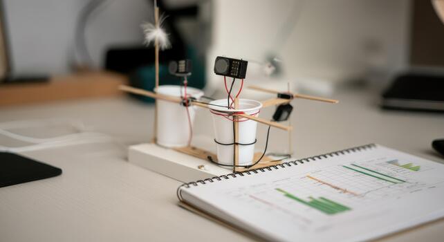 Small DIY robot with sensors and electronics on table next to notebook graphs photo