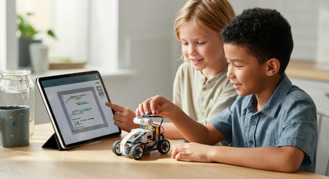 Two kids using tablet to program robot on table in bright room photo