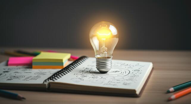 Lit lightbulb on notebook with drawings and writings, surrounded by colorful sticky notes colored pencils photo