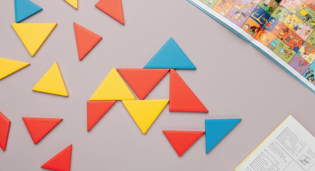 Colorful triangular pieces on table create geometric patterns photo