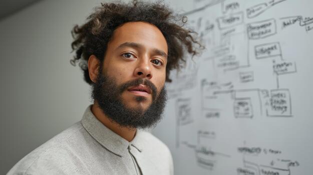 A Black team lead guides a discussion by showcasing a simplified flowchart on a whiteboard in a professional meeting setting photo