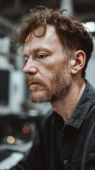 A Caucasian engineer in a black shirt intently shines a beam of light on a key machine component, emphasizing focus and precision in a workshop photo