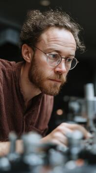 A focused engineer examines intricate machinery under a beam of light, highlighting key components in a meticulous workshop environment photo