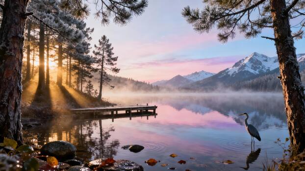 luz de sol perfora mediante escarchado arboles esclarecedor un brumoso lago a amanecer con un vadear pájaro cerca nevado picos foto