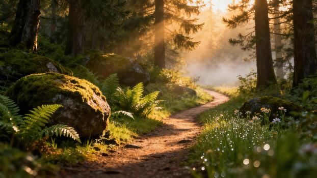Sunlit forest path winding through dense woodland with mist and dew drops photo