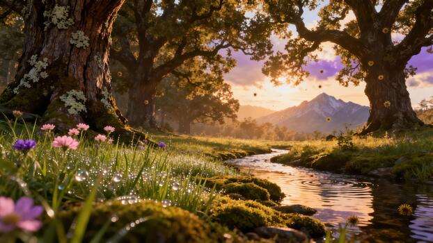 Majestic ancient trees frame a sunlit landscape with a winding stream and dew-covered meadow photo
