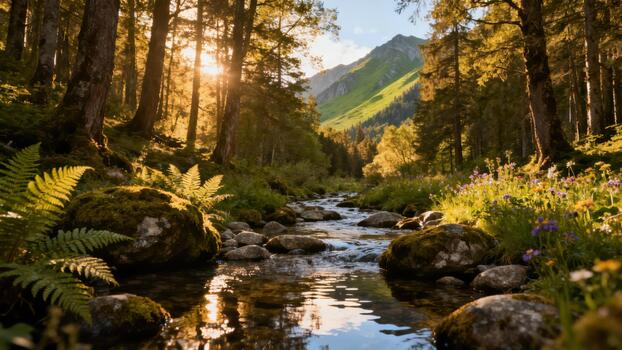 Bright sun illuminates a clear stream flowing through a dense forest setting near a large hill photo