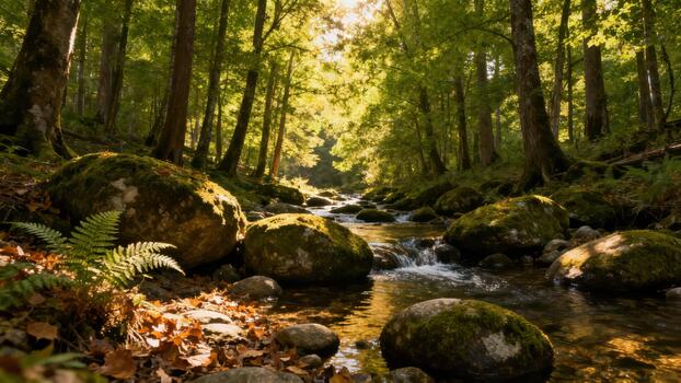 Sunlight streams through dense foliage illuminating a moss-covered boulder stream in a vibrant woodland setting photo