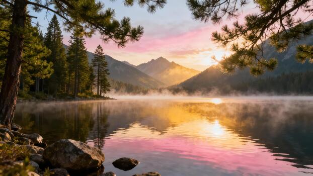 Majestic mountain lake reflects colorful dawn sky through framing tree branches photo