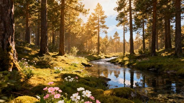 Sunlight illuminates a peaceful forest stream flowing through a clearing filled with vibrant moss and small blossoms photo