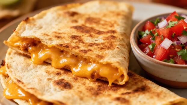 dorado marrón relleno tortilla pliegues Desbordamiento con Derretido queso junto a un Fresco salsa condimento foto