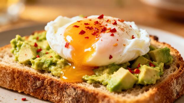 Savory toasted grain slice topped with mashed avocado and a soft poached egg dusted with spice flakes photo
